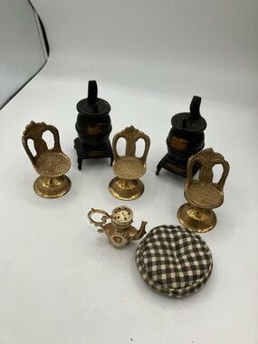 Vintage Brass Dollhouse Chairs and Accessories Set - Gold and Black
